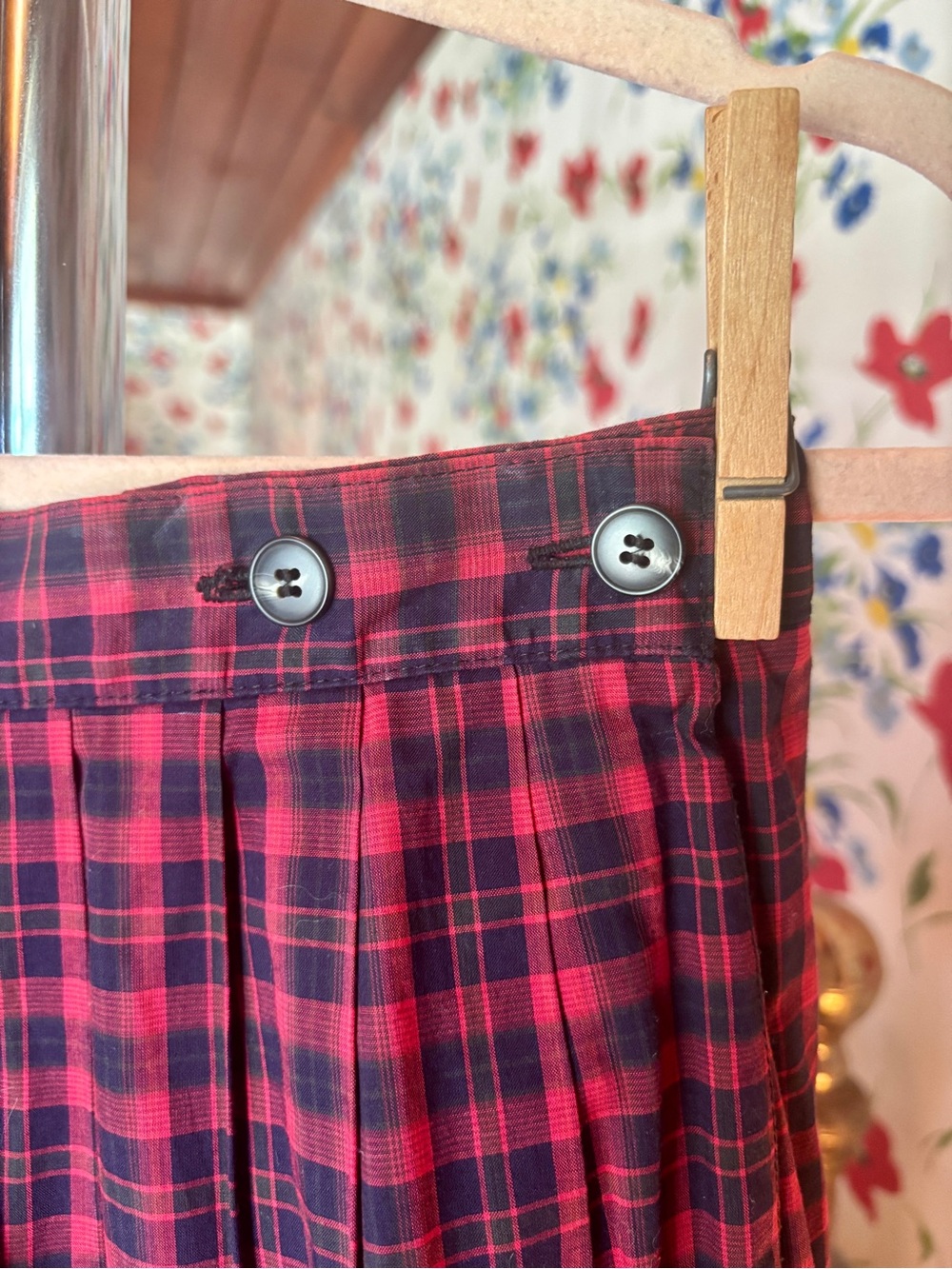 vintage lands’ end red navy plaid pleated midi skirt | tartan preppy academia - Picture 4 of 7